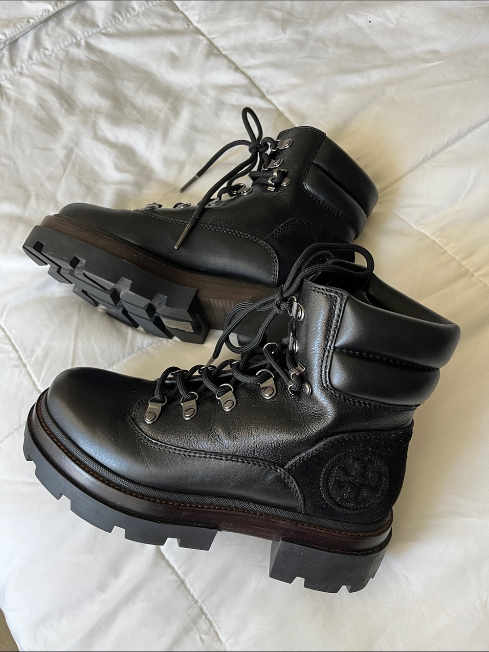 Tory Burch Black Leather Lace-Up Hiker Boots